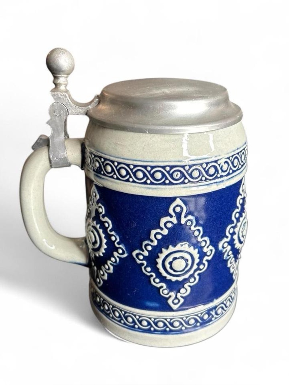 Gerz W Germany Blue Ceramic German-Style Beer Stein with attached intact lid